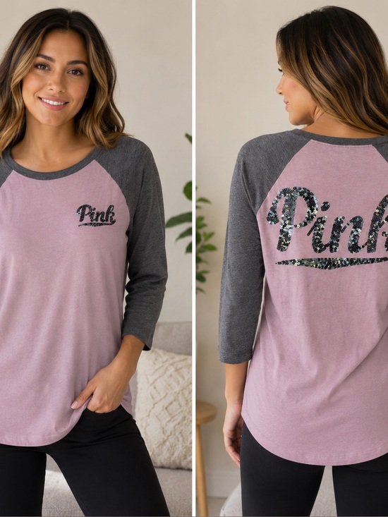 Victoria's Secret Tops - Victoria's Secret PINK and Charcoal Bling Raglan 3/4 Sleeve Tee